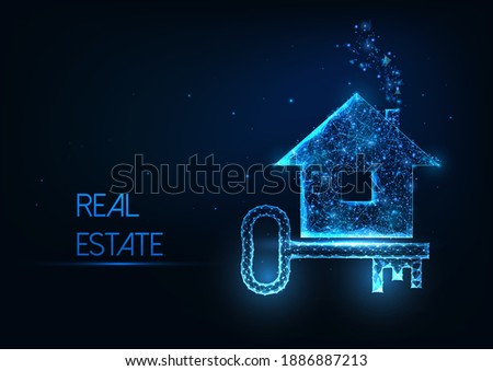 Futuristic real estate agency concept with glowing low polygonal residential house and door key on dark blue background. Modern wireframe mesh design vector illustration.