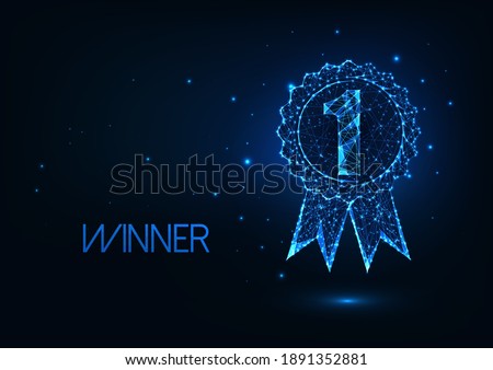 Futuristic first place, winner award badge concept with glowing low polygonal medal and number 1 isolated on dark blue background. Modern wire frame mesh design vector illustration.