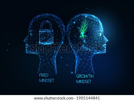 Futuristic Growth mindset VS Fixed mindset concept with glowing low polygonal human heads with plant and lock on dark blue background. Modern wireframe mesh design vector illustration.