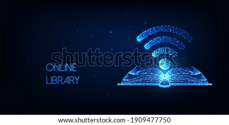 Futuristic Wireless transmission of knowledge, Remote access information concept with glowing low poly book and wifi symbol on dark blue background. Modern wire frame mesh design vector illustration.