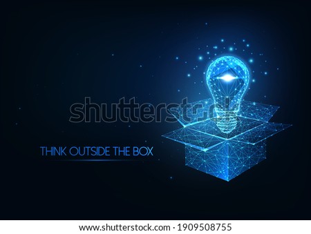 Futuristic thinking outside the box concept with glowing low polygonal light bulb over opened box isolated on dark blue background. Modern wire frame mesh design vector illustration.