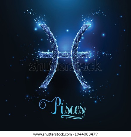 Futuristic glowing low polygonal Pisces zodiac sign concept on dark blue background.