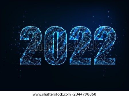Futuristic 2022 New Year digital web banner template with glowing low polygonal digits on dark blue
