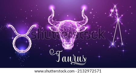 Futuristic Taurus zodiac sign on dark purple background. Glowing low polygonal design vector. 