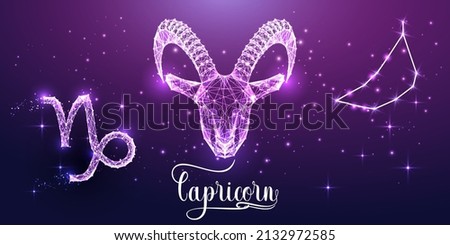Futuristic Capricorn zodiac sign on dark purple background. Glowing low polygonal design vector. 