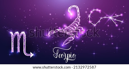 Futuristic Scorpio zodiac sign on dark purple background. Glowing low polygonal design vector. 