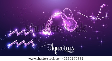 Futuristic Aquarius zodiac sign on dark purple background. Glowing low polygonal design vector. 