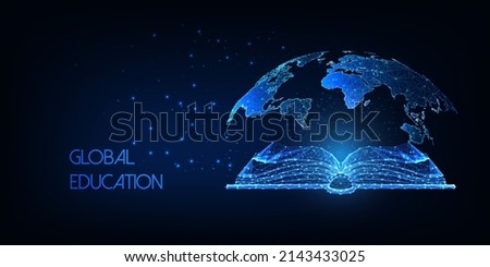 Futuristic global education concept with glowing low polygonal open book and planet map on dark blue
