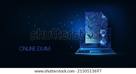 Futuristic online exam, testing concept with glowing computer, document with ticks and hourglass 