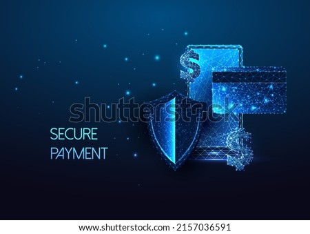 Futuristic secure payment, online banking concept with glow smartphone, credit card, shield, dollar