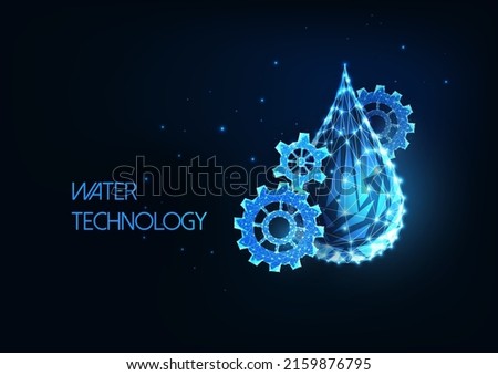 Abstract water technology, plumbing service concept with glowing low poly drop and gears, cogwheels 