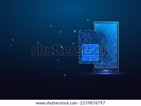 Futuristic smartphone and sim card in glowing low polygonal isolated on dark blue background. 