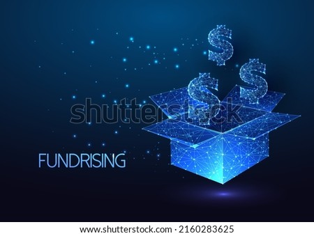 Futuristic fundraising, crowd funding concept with glowing low polygonal open box and dollar symbol