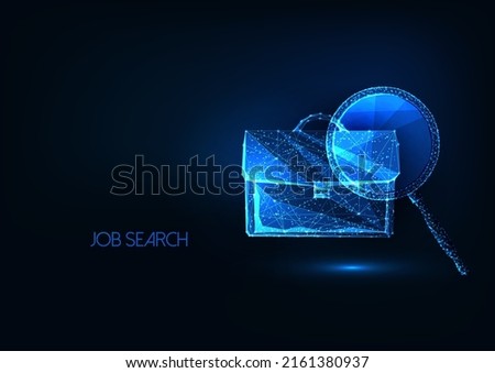 Futuristic job search, recruiting concept with glowing briefcase and magnifying glass on blue