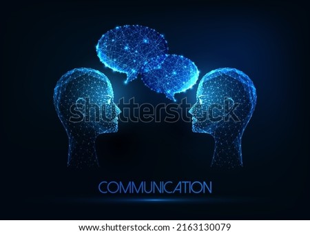 Futuristic communication, dialog concept with glowing low polygonal human heads and speech bubbles