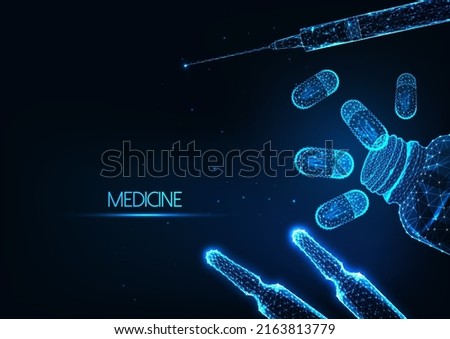 Futuristic medicine, medicament treatment concept with glowing bottle pills, syringe, vial 