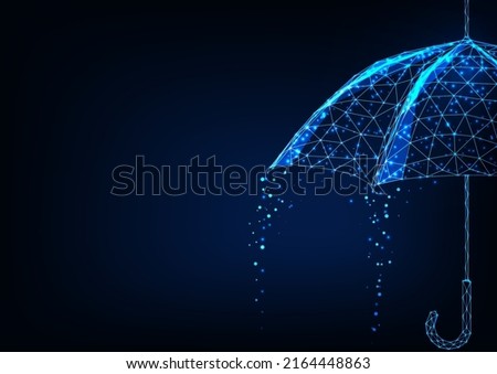 Futuristic umbrella with rain concept banner and copy space in glowing low poly style on blue