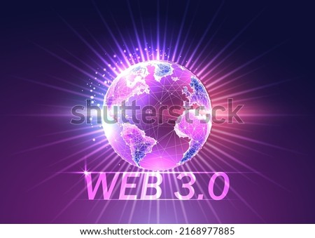 Concept of Web 3.0 future technology website with text and planet hologram on dark blue to purple