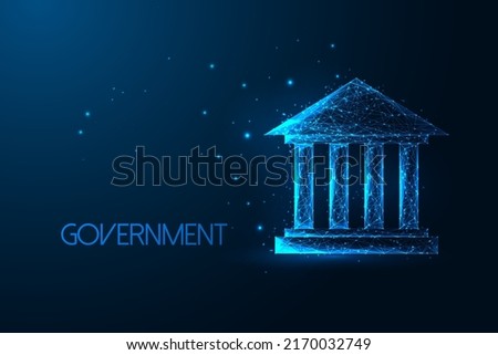 Concept of Governance with government building, courthouse in futuristic glowing style on dark blue