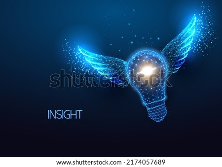 Concept of insight, aha moment with flying lightbulb in futuristic glowing low poly style on blue 