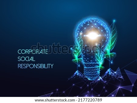 Concept of corporate social responsibility with lightbulb and sprouts in futuristic glowing style