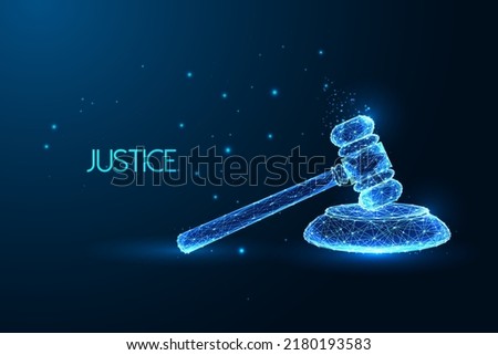 Justice, law, court concept with judge gavel in futuristic glowing low polygonal style on dark blue 