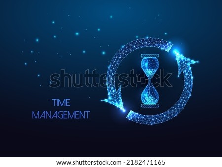 Time management concept with hourglass and cycle arrows symbol in futuristic glowing style on blue
