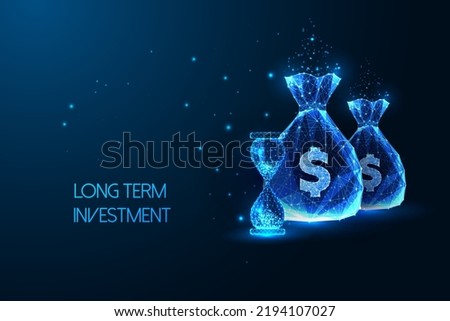 Long term investment concept with money bags and hourglass in futuristic style on blue background