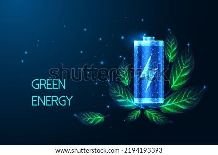 Concept of eco sustainable energy with charging battery and green leaves in futuristic glowing style