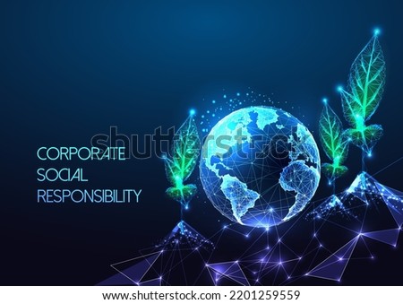 Corporate social responsibility, sustainable agriculture concept with planet Earth and sprout field