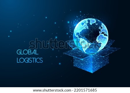 Concept of Global logistics with open box and Earth globe in futuristic glowing style on dark blue