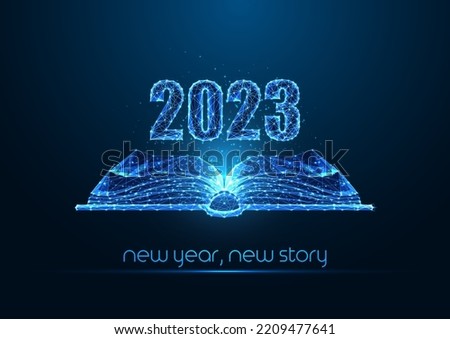 Abstract 2023 Happy New Year concept banner with open book in futuristic glowing style on dark blue