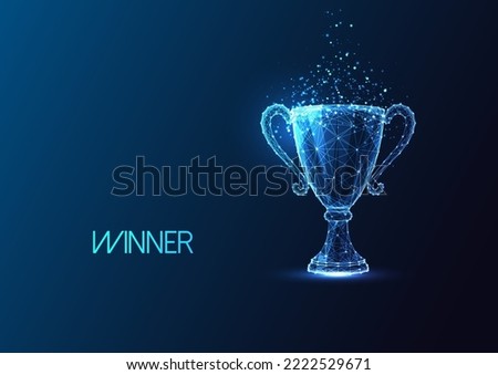 Futuristic champion trophy cup in glowing low polygonal style isolated on dark blue background. Winner, championship concept Modern abstract connection design vector illustration