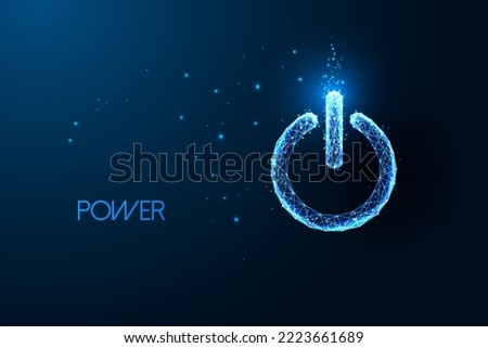 Futuristic start power button in glowing low polygonal style isolated on dark blue background. Startup, business launch concept. Modern abstract connection design vector illustration.