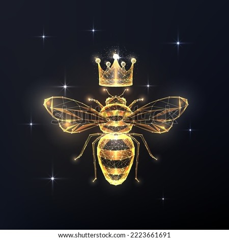 Queen bee concept with gold honeybee and crown in futuristic glowing low polygonal style on black background. Modern abstract connection design vector illustration.