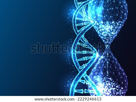 Futuristic life expectancy, longevity science concept with glowing low polygonal DNA helix and hourglass isolated on dark blue background. Modern abstract wire frame mesh design vector illustration.