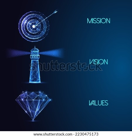 Futuristic Mission Vision Values business concept with glowing low polygonal target, diamond and lighthouse symbols on dark blue background. Modern abstract wire frame mesh design vector illustration
