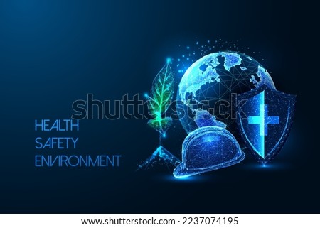 Futuristic Health Safety Environment HSE concept with glowing low polygonal planet Earth, green plant, safety helm and health care shield on dark blue background. Modern design vector illustration.