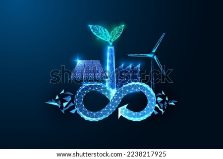 Concept of Circular Economy in futuristic glowing low polygonal style with infinity loop, factory, solar panel and wind generator on dark blue background. Modern abstract design vector illustration.