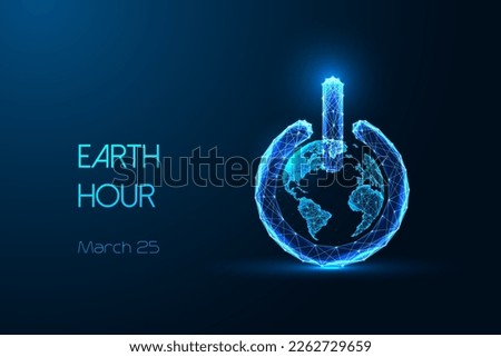 Earth Hour abstract futuristic concept banner with power button and planet Earth globe on dark blue background. Energy saving. Glowing low polygonal design. Modern wireframe style vector illustration
