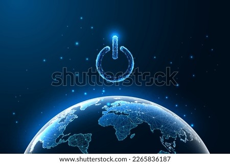 Earth Hour abstract futuristic concept banner with power button and planet Earth globe space view on dark blue background. Energy saving. Glowing low polygonal design. Modern style vector illustration