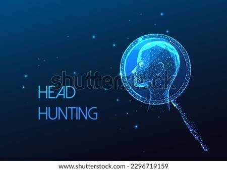 Concept of head hunting, hiring process with magnifying glass and employee symbol in futuristic glowing low polygonal style on blue background. Modern abstract connection design vector illustration.
