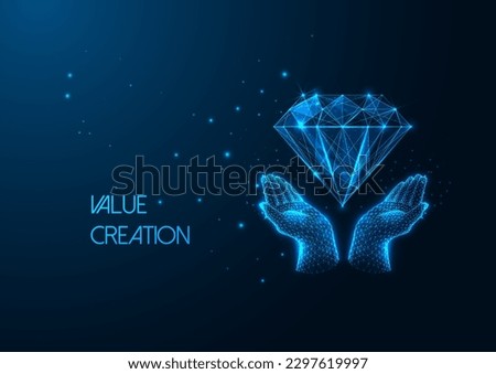 Futuristic Value creation in business idea, excellent customer experience concept with glowing low polygonal hands holding diamond on dark blue background. Modern abstract design vector illustration.