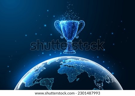 Global achievement, success through innovation, cutting-edge technology concept with futuristic glowing low polygonal world map and trophy on dark blue background. Modern design vector illustration.