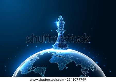 Global strategy concept with Earth globe and chess figure in futuristic glowing low polygonal style on dark blue background. Modern abstract connection design vector illustration.