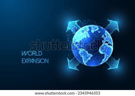 Global expansion, technological progress futuristic concept with planet Earth globe and arrows in glowing low polygonal isolated on blue background. Modern wire frame mesh design vector illustration.
