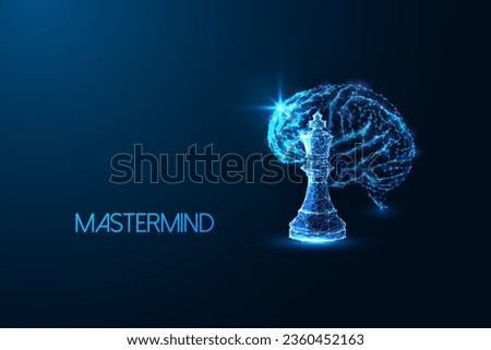 Mastermind, leadership, creative thinking, strategy futuristic concept with brain and chess figure in glowing low polygonal style on dark blue background. Modern abstract design vector illustration.