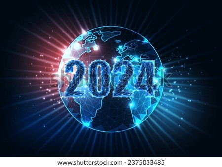 Abstract 2024 happy New Year to the world concept banner with globe map in futuristic glowing polygonal style on dark blue background. Modern wireframe design vector illustration.