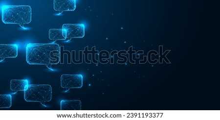 Communication, dialogue, virtual networking, e-commerce concept banner with speech bubbles and copy space in glowing polygonal style on dark blue background. Modern abstract design vector illustration