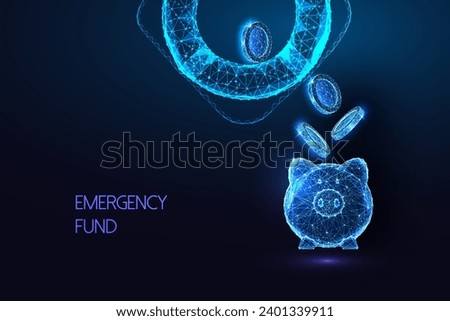 Emergency fund, financial security, fiscal safety futuristic concept with piggy bank and lifebuoy in glowing polygonal style on blue background. Modern abstract connection design vector illustration.